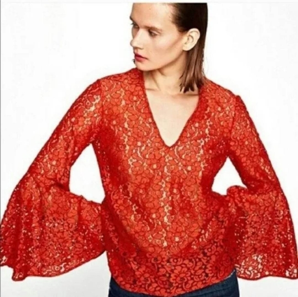 NWOT Zara Red Lace V-Neck bell sleeve top size M. - Picture 1 of 7